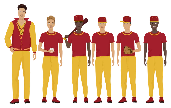 Equipo de béisbol con entrenador.  Ilustración