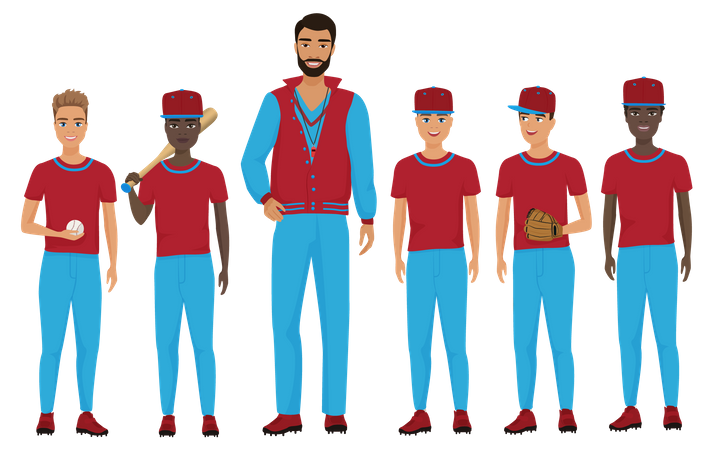 Equipo de béisbol con entrenador.  Ilustración