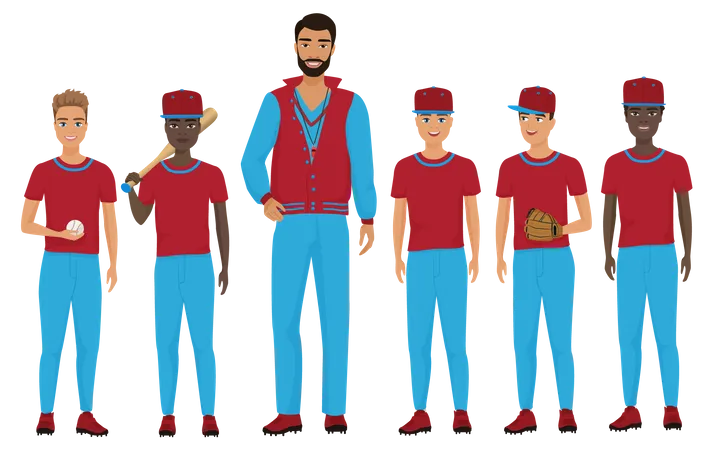 Equipo de béisbol con entrenador.  Ilustración