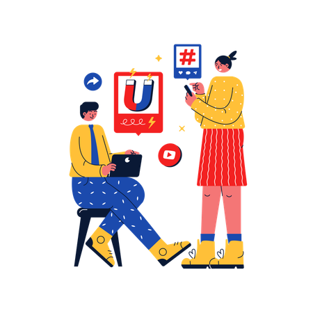 Equipo de marketing trabajando para atraer tráfico a través de las redes sociales.  Ilustración