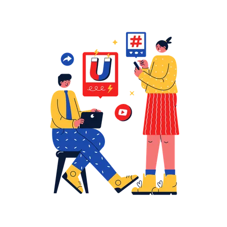 Equipo de marketing trabajando para atraer tráfico a través de las redes sociales.  Ilustración