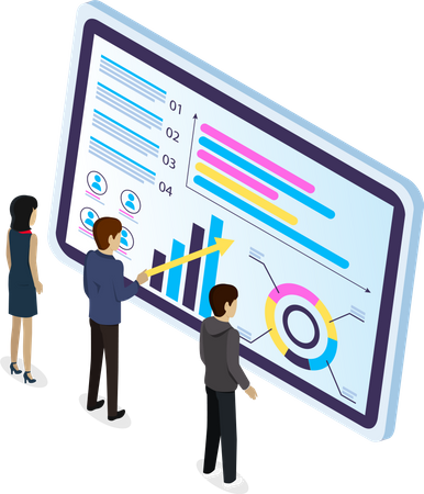 Equipo empresarial que realiza análisis de datos, conceptos para el análisis empresarial y la planificación del trabajo en equipo de consultoría  Ilustración