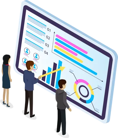 Equipo empresarial que realiza análisis de datos, conceptos para el análisis empresarial y la planificación del trabajo en equipo de consultoría  Ilustración