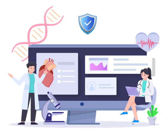 Equipo médico investigando nuevos tratamientos en el Laboratorio de Medicina  Ilustración