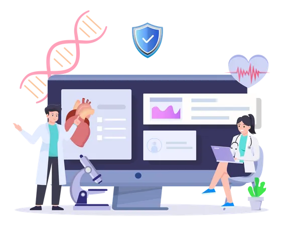 Equipo médico investigando nuevos tratamientos en el Laboratorio de Medicina  Ilustración