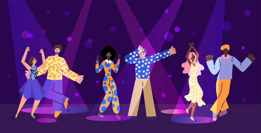 Escena de fiesta de discoteca con personajes de personas en la ilustración de vector de estilo boceto.  Ilustración