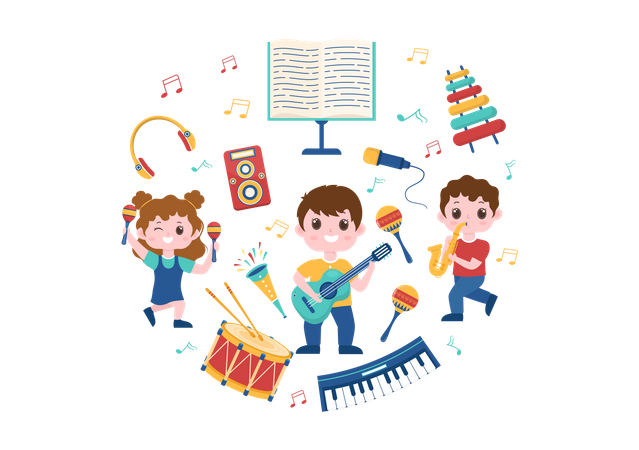 Crianças da escola tocando música  Ilustração