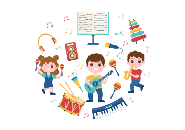 Crianças da escola tocando música  Ilustração