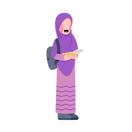 Estudiante con hijab leyendo un libro  Ilustración