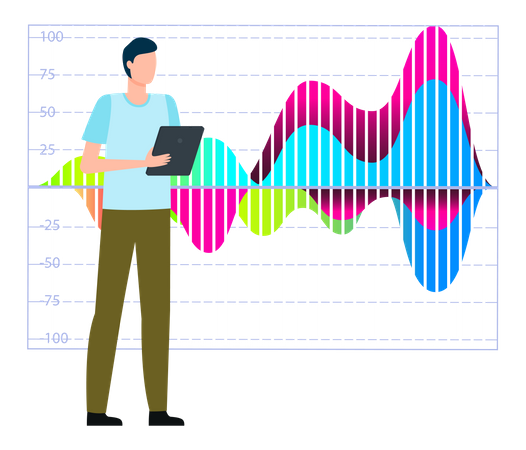 L'homme étudie les statistiques sur présentation  Illustration