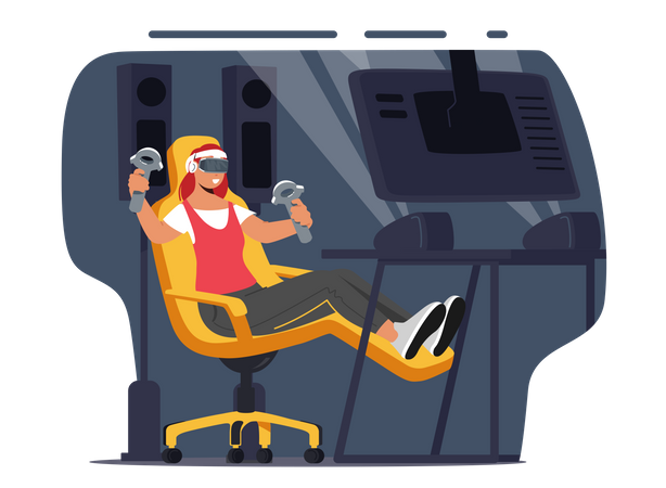 Excited Gamer Girl with Joysticks in Hands and VR Glasses Playing Games  Illustration