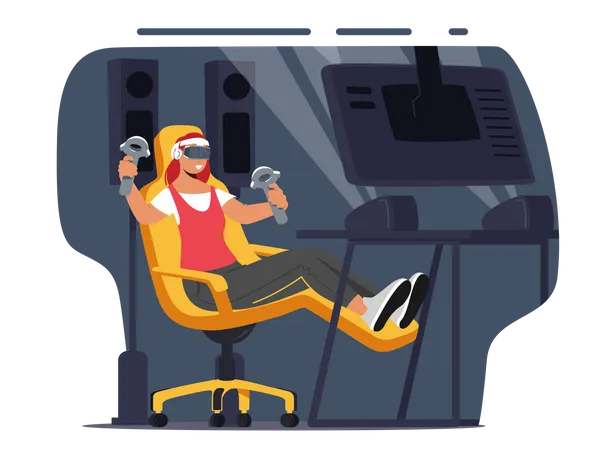 Excited Gamer Girl with Joysticks in Hands and VR Glasses Playing Games  Illustration