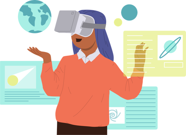 Excited schoolgirl student in VR goggles learning astronomy at school lesson  Illustration