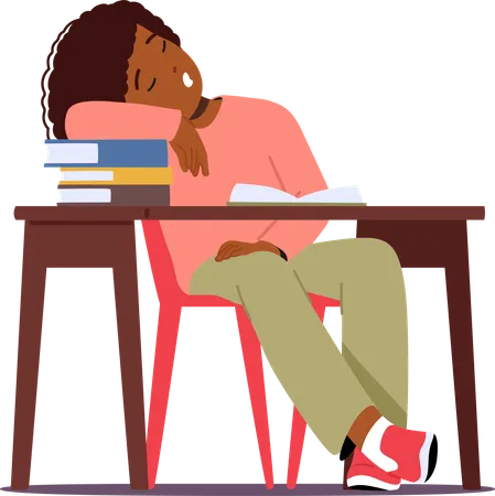 Exhausted Student Girl Slumbers On The Desk  Illustration