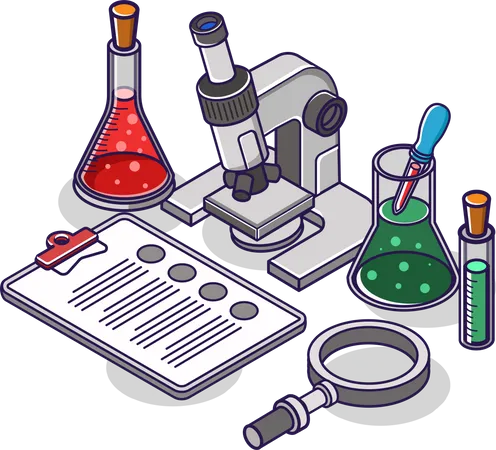 Experimental laboratory microscope and glass bottle  Illustration