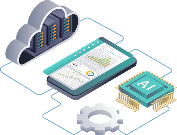 Explorando la IA en el análisis de datos de servidores en la nube a través de aplicaciones para teléfonos inteligentes  Ilustración