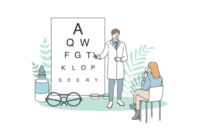 Eye doctor is testing eyesight of patient  Illustration