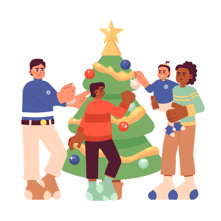 Familia decorando el árbol de navidad  Ilustración