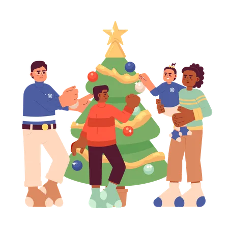 Familia decorando el árbol de navidad  Ilustración