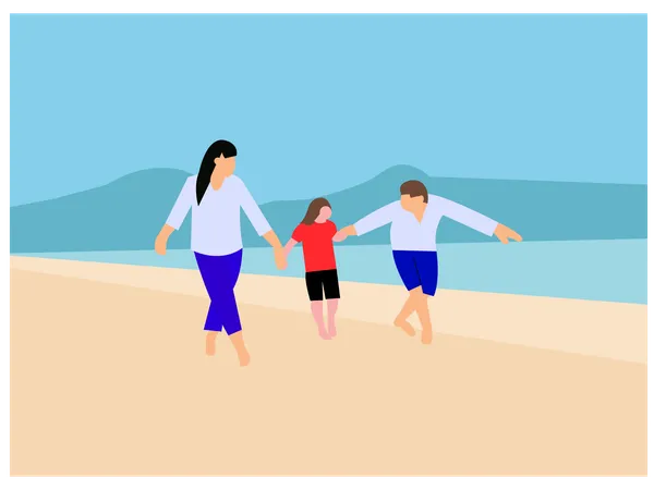 Familia disfrutando de la diversión en la playa  Ilustración