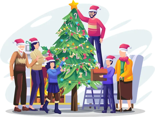 Família feliz decorando árvore de Natal  Ilustração