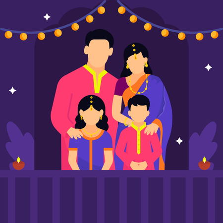 Família indiana comemorando Diwali  Ilustração