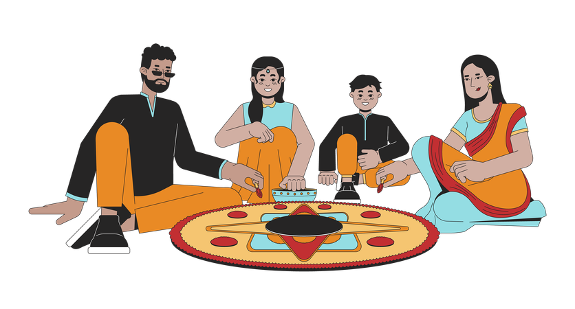 Família indiana fazendo diwali rangoli  Ilustração