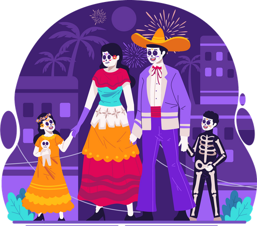 Família mexicana vestida com trajes tradicionais mexicanos no dia do Carnaval morto  Ilustração