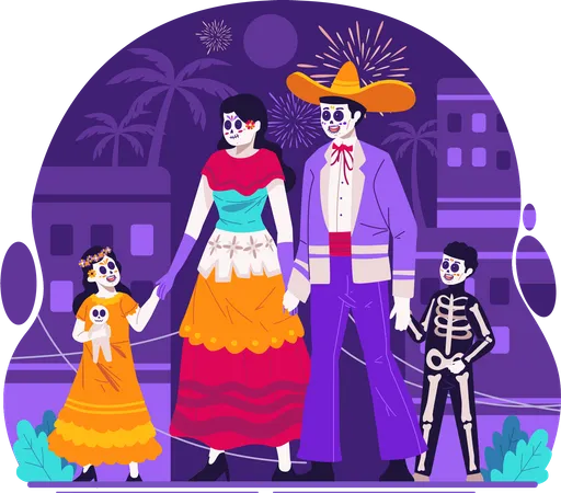 Família mexicana vestida com trajes tradicionais mexicanos no dia do Carnaval morto  Ilustração