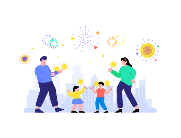 Family bursting firecrackers  Illustration