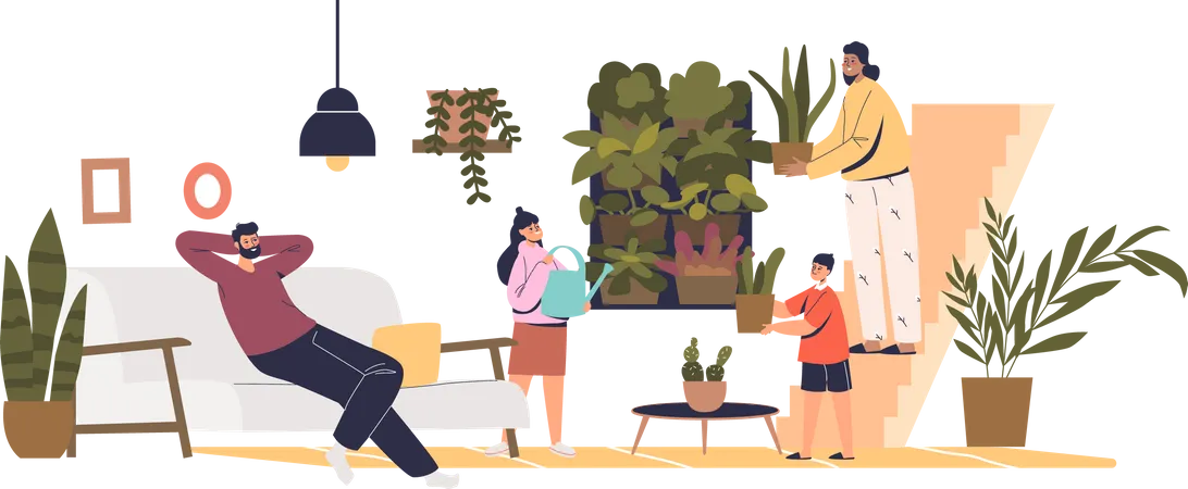 Family caring home plant  Illustration