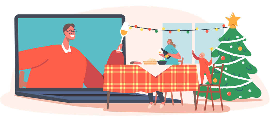 Family Celebrate Christmas Remotely  Illustration