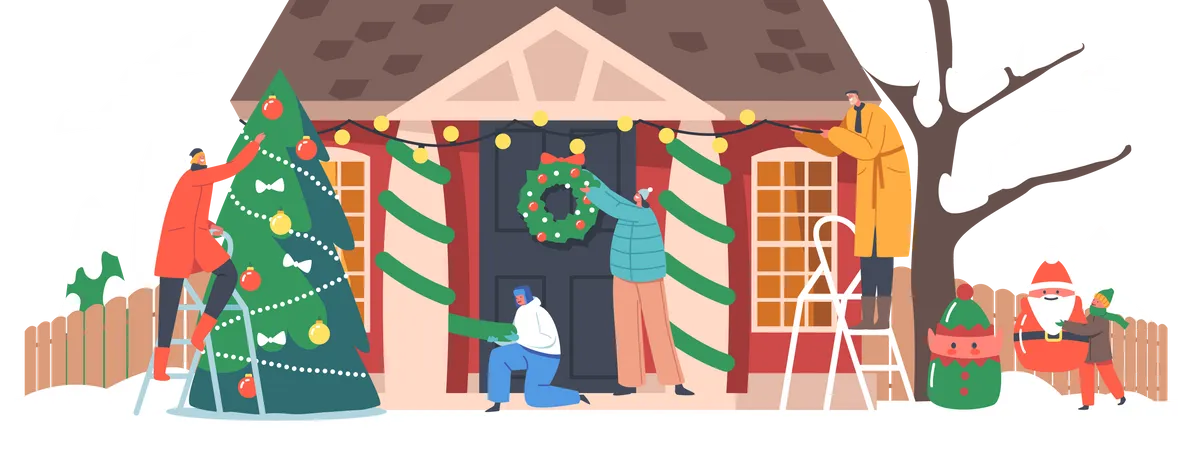 Family Decorate House for Christmas  Illustration