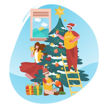 Family decorating Christmas Tree  Illustration