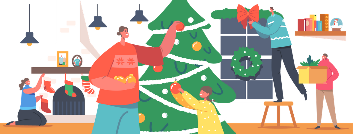 Family Decorating Room for Christmas  Illustration