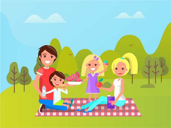 Family enjoying picnic in vacation  Illustration