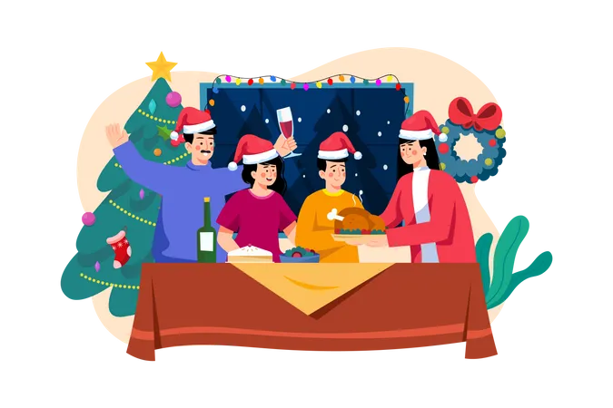 Family having Christmas dinner together  Illustration