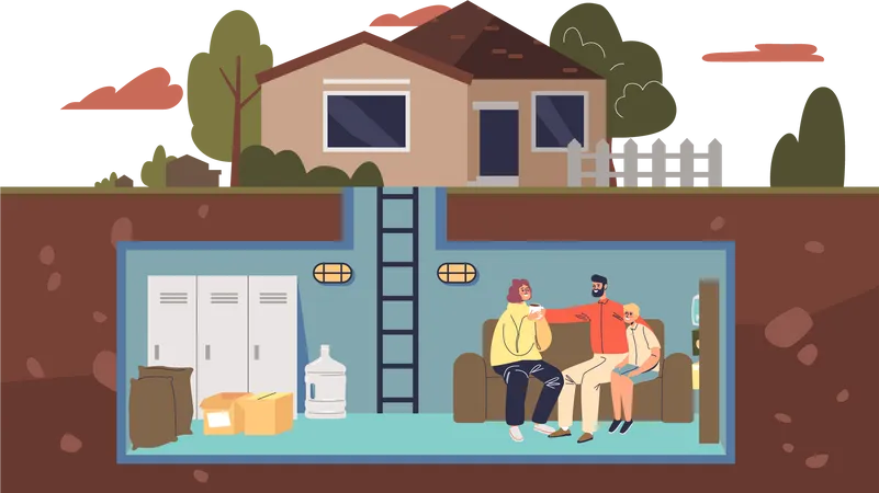 Family in home bunker  Illustration