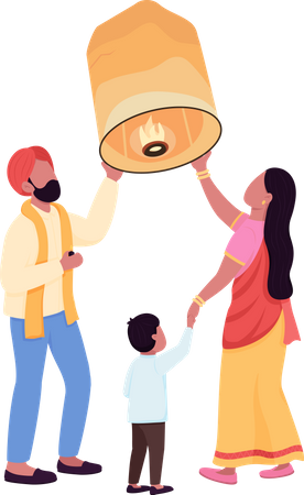 Family lighting sky lantern  Illustration