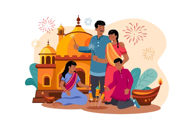 Family lightning fire crackers during Diwali celebration  Illustration