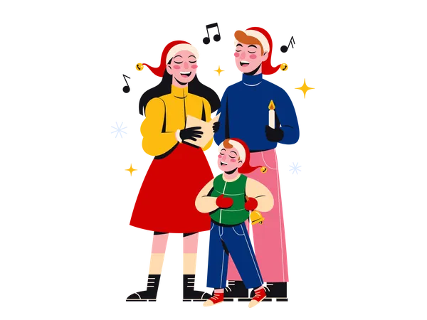 Family singing Christmas song together  イラスト