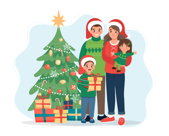 Family standing near christmas tree  イラスト