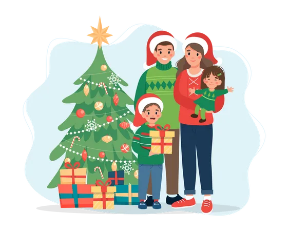 Family standing near christmas tree  イラスト