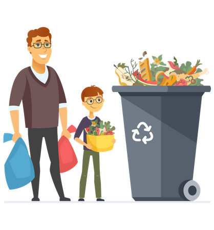 Family throwing biodegradable waste in recycle bin  Illustration