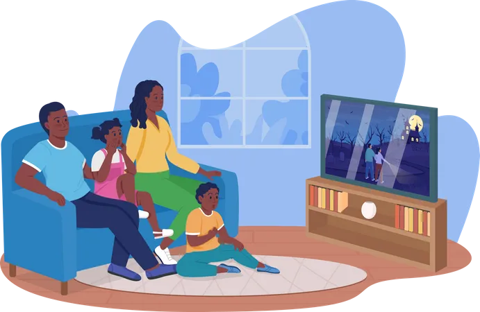 Family watching horror movie together in living room  Illustration