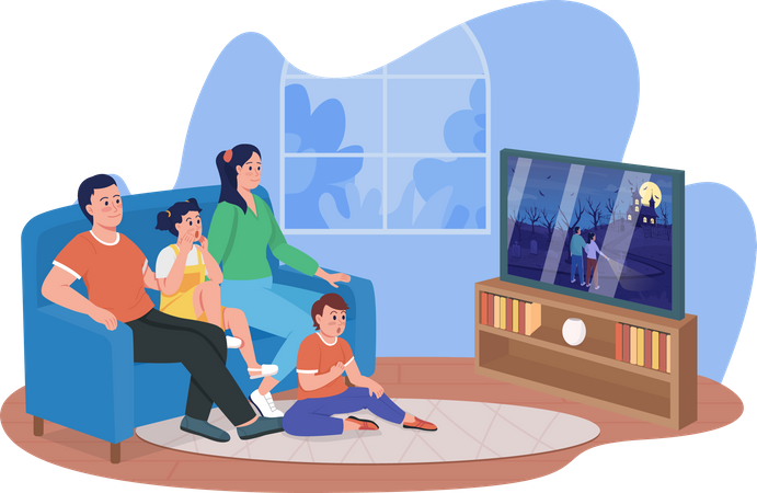 Family watching scary movie together at home  Illustration