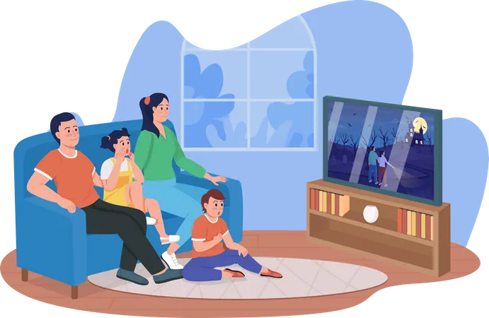 Family watching scary movie together at home  Illustration