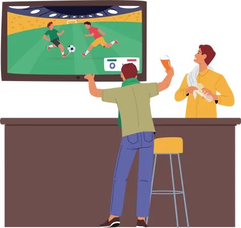 Fan watching football match in beer pub  Illustration