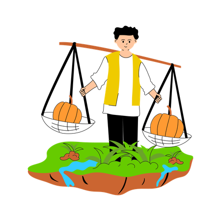 Farmer balancing freshly harvested produce in baskets  Illustration