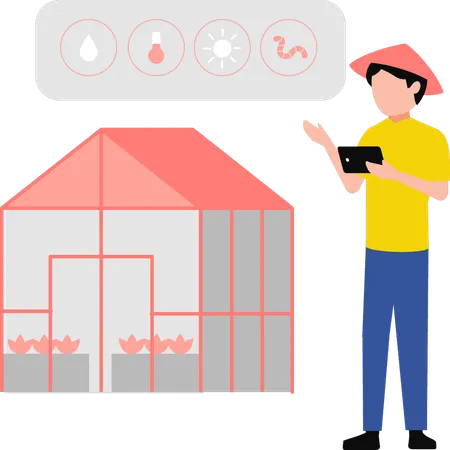 Farmer maintains the greenhouse system  Illustration